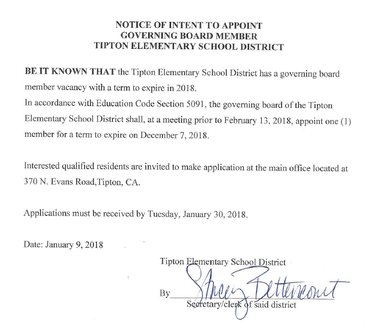 Notice of Intent to Appoint Governing Board Member